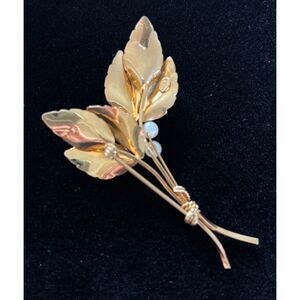 VTG Van Lou 12K Gold Filled Leaf Brooch Jade Pearl Floral Signed Mid Century